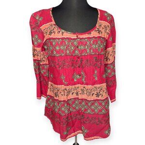 Bob Timberlake Bohemian Red & Peach Patterned Tunic Blouse Size Large